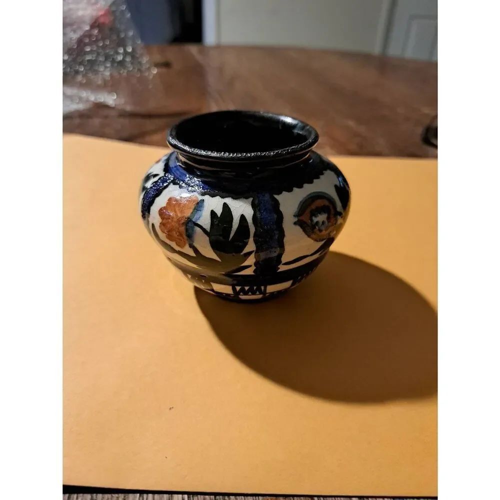 Vintage Keramika Hungary Hand Painted Miniature Pottery Vase Blue White Brown